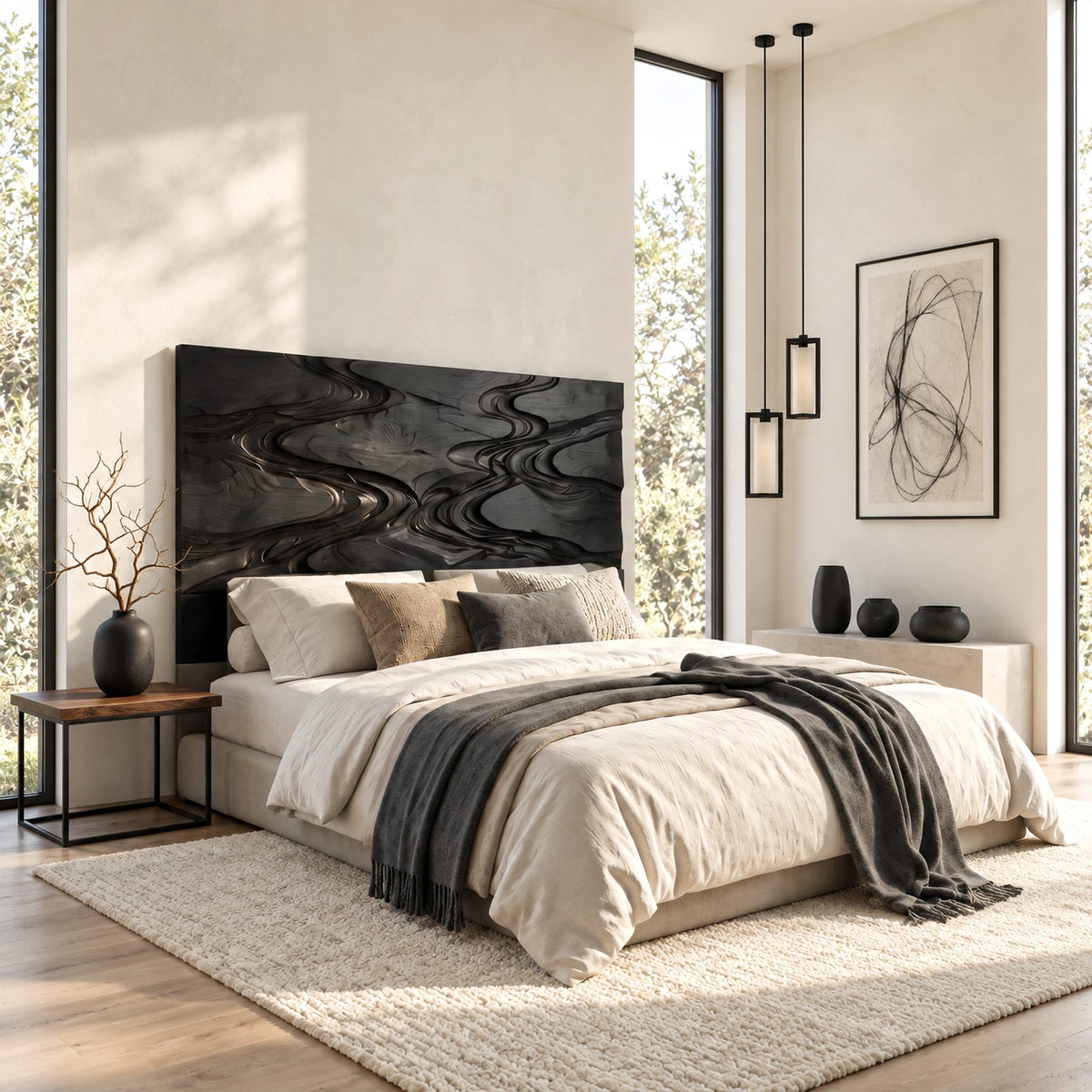 Sculptural Carved Wood Headboard With Flowing Wave Relief For Bedroom