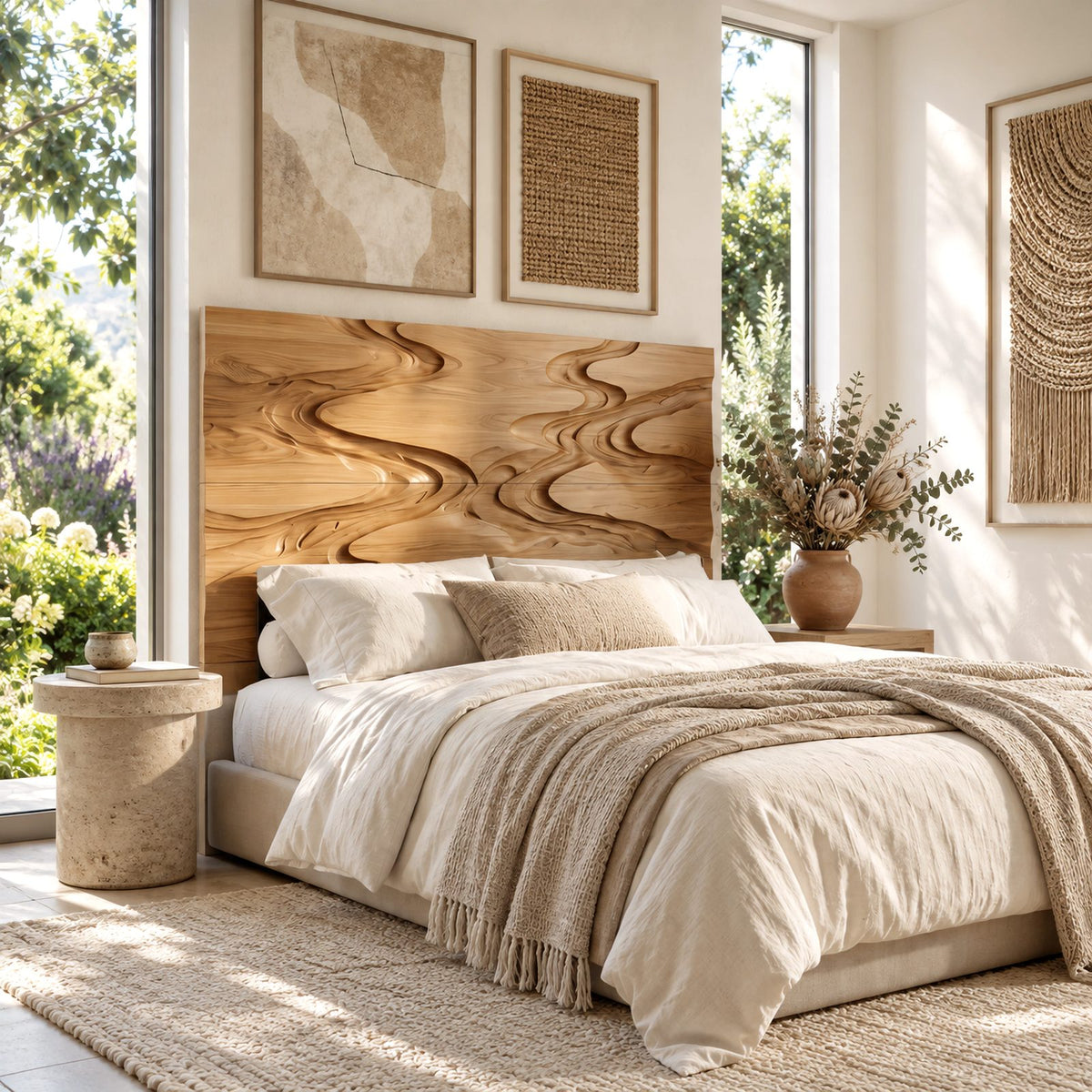 Sculptural Carved Wood Headboard With Flowing Wave Relief For Bedroom