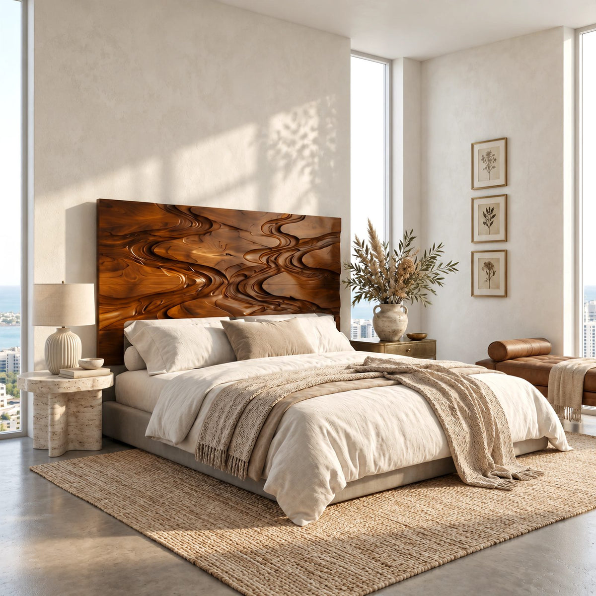 Sculptural Carved Wood Headboard With Flowing Wave Relief For Bedroom