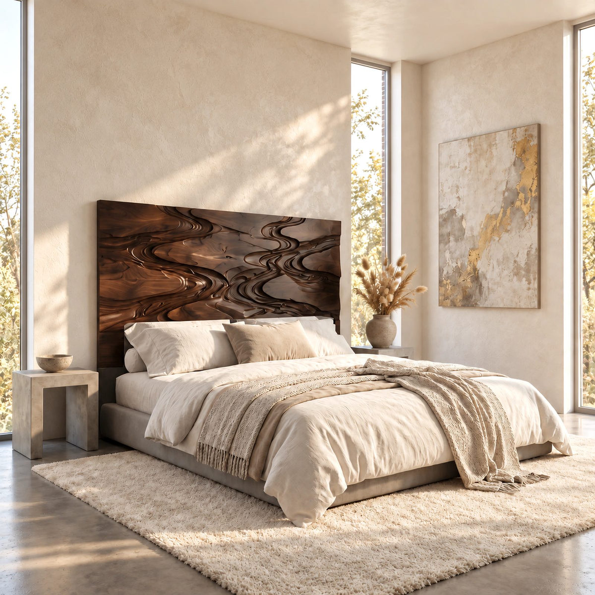 Sculptural Carved Wood Headboard With Flowing Wave Relief For Bedroom