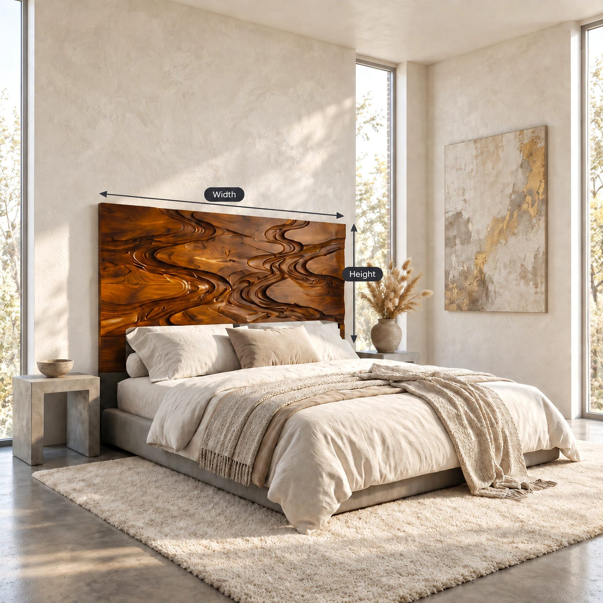 Sculptural Carved Wood Headboard With Flowing Wave Relief For Bedroom