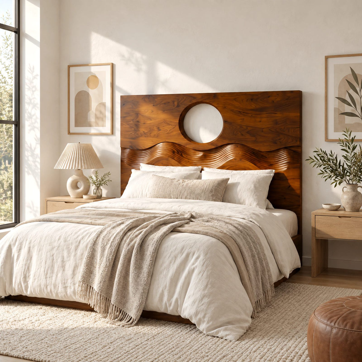 Japandi Solid Wood Headboard With Round Moon Cutout For Bedroom