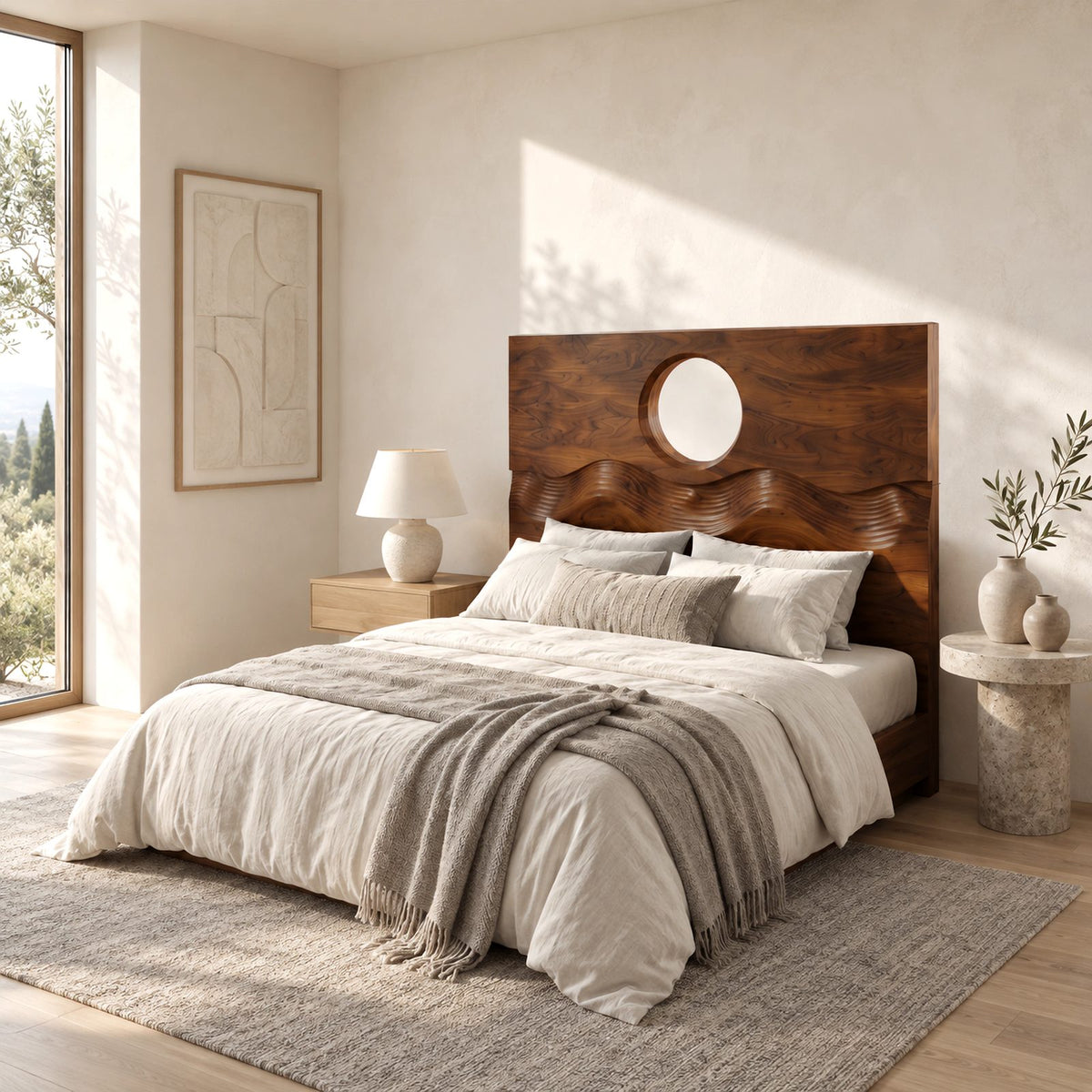 Japandi Solid Wood Headboard With Round Moon Cutout For Bedroom
