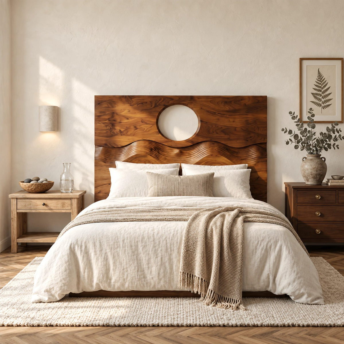 Japandi Solid Wood Headboard With Round Moon Cutout For Bedroom