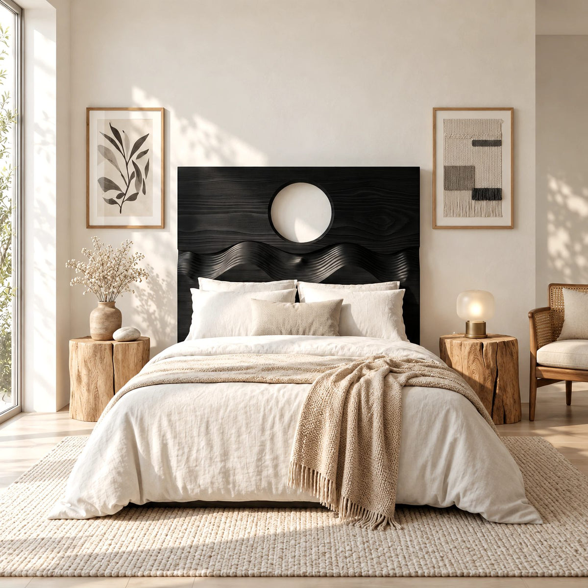 Japandi Solid Wood Headboard With Round Moon Cutout For Bedroom