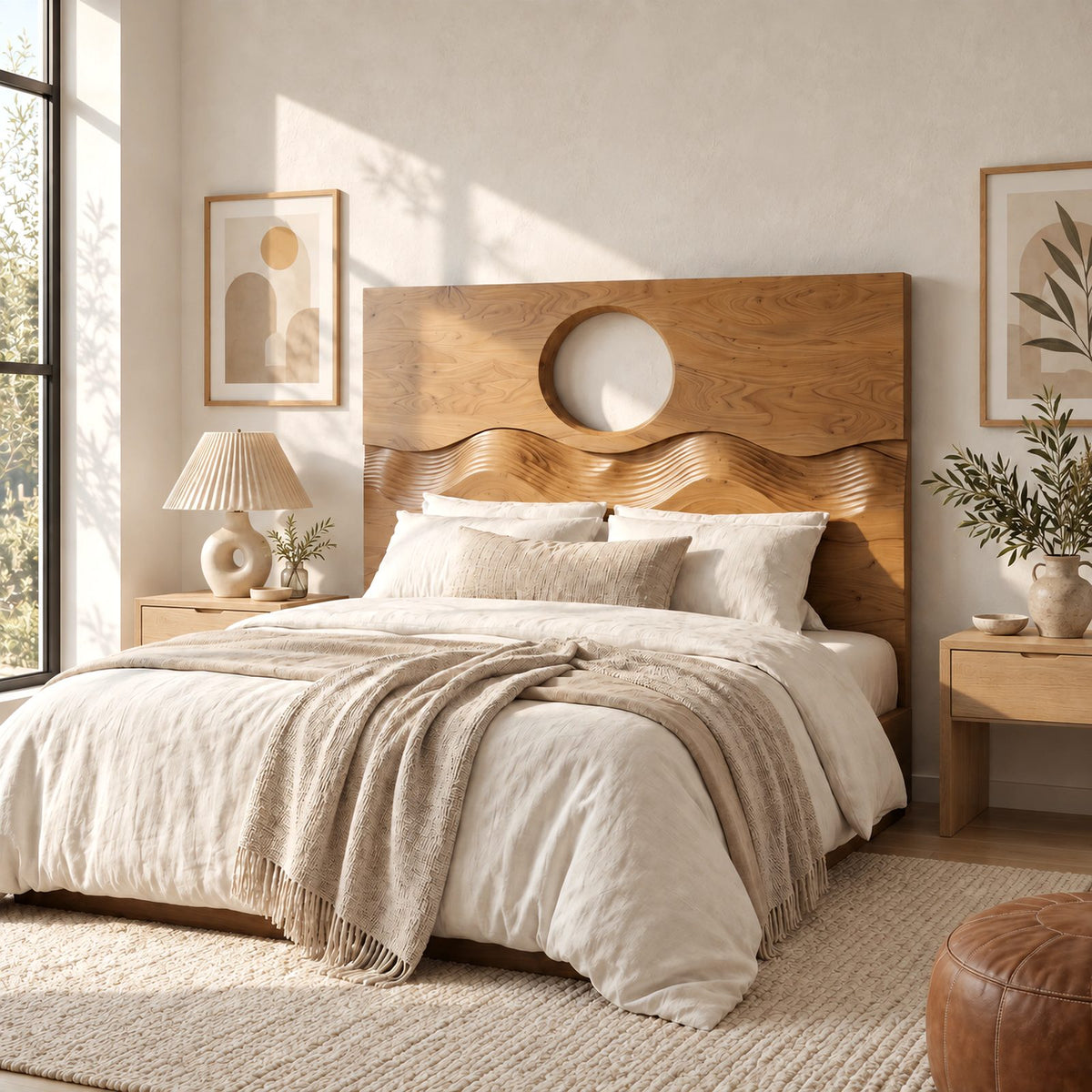 Japandi Solid Wood Headboard With Round Moon Cutout For Bedroom