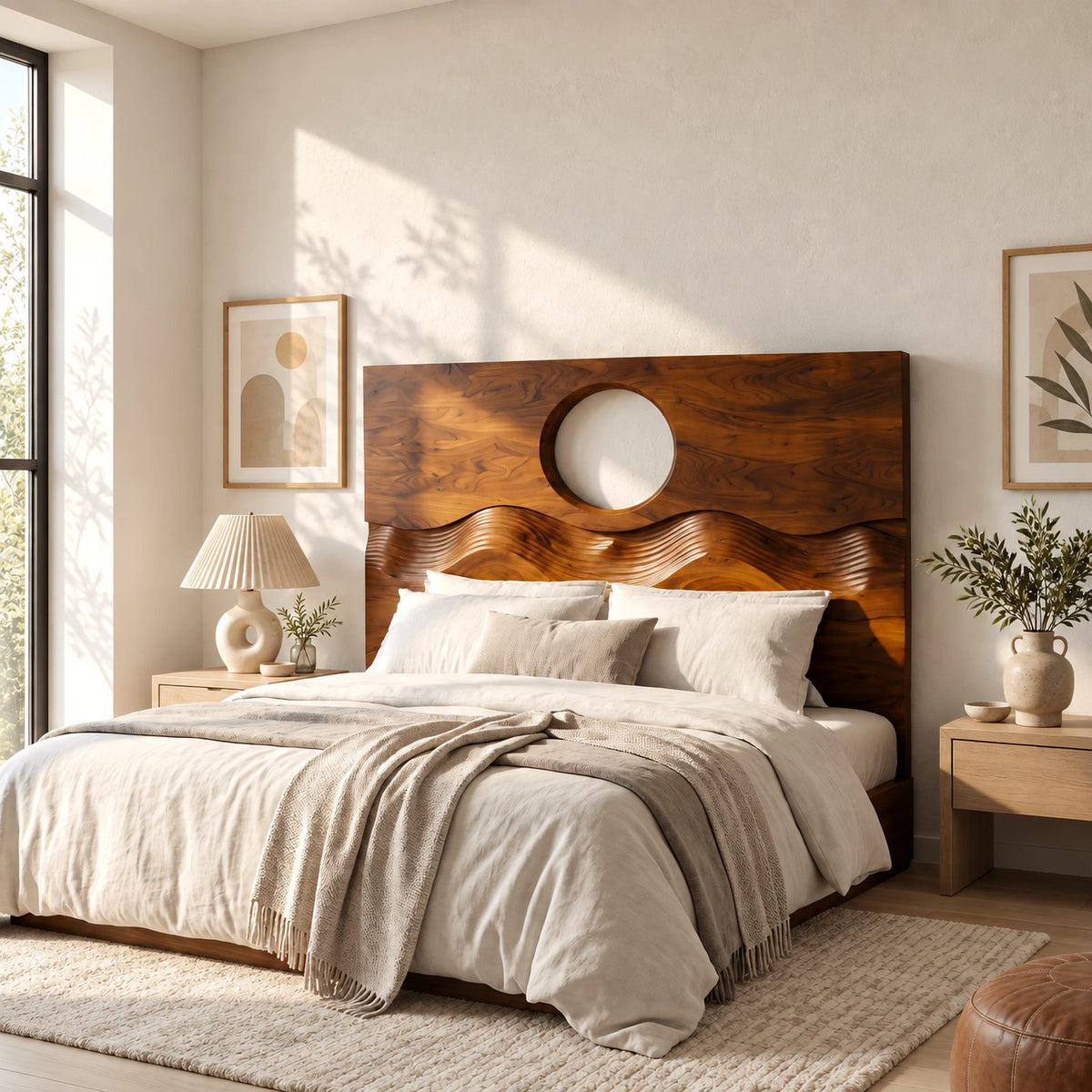 Japandi Solid Wood Headboard With Round Moon Cutout For Bedroom