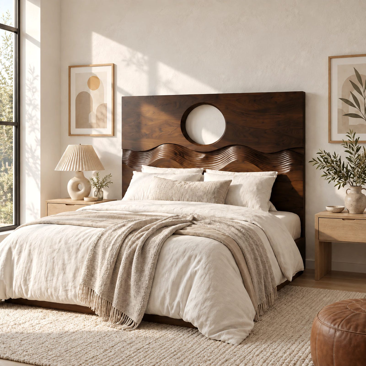 Japandi Solid Wood Headboard With Round Moon Cutout For Bedroom