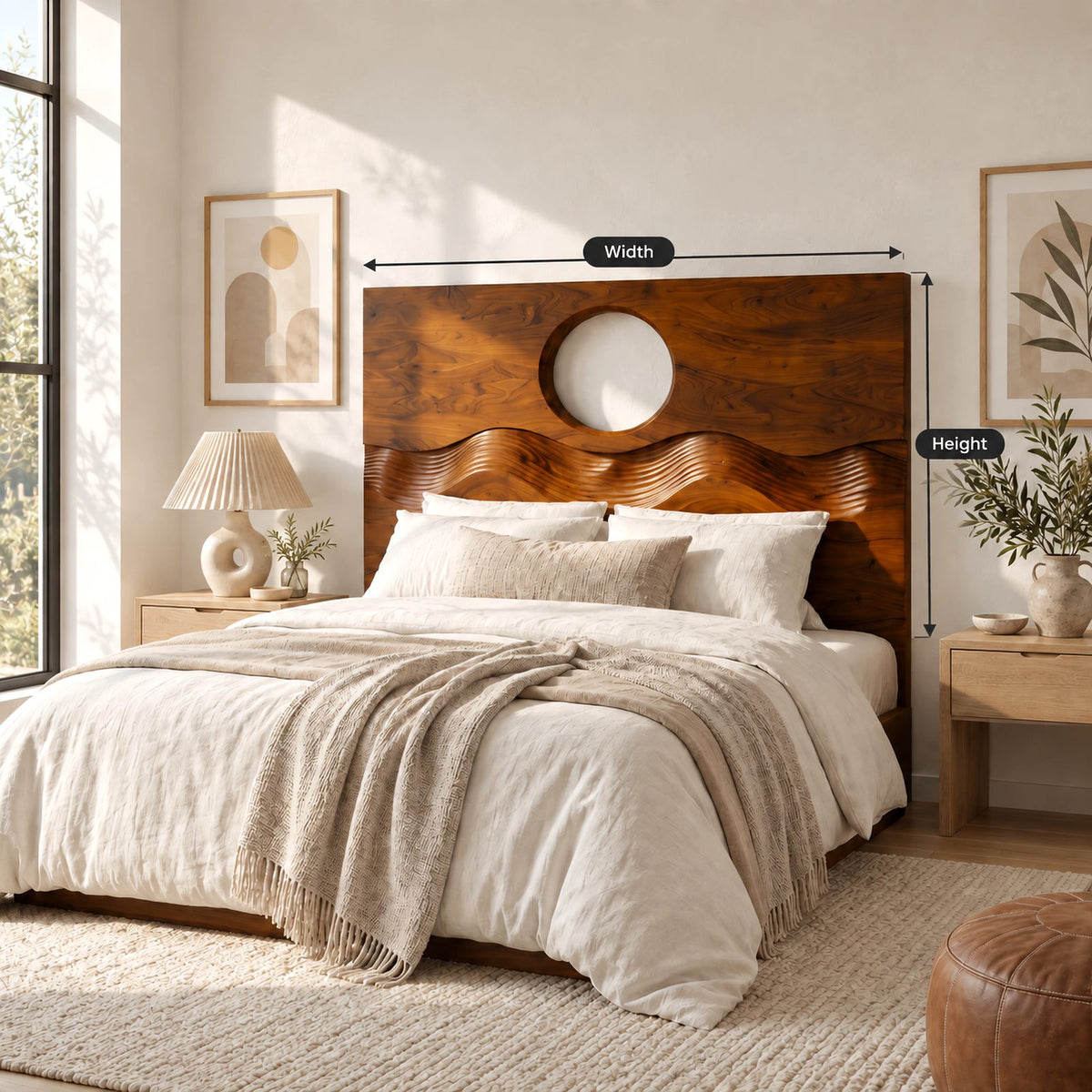 Japandi Solid Wood Headboard With Round Moon Cutout For Bedroom