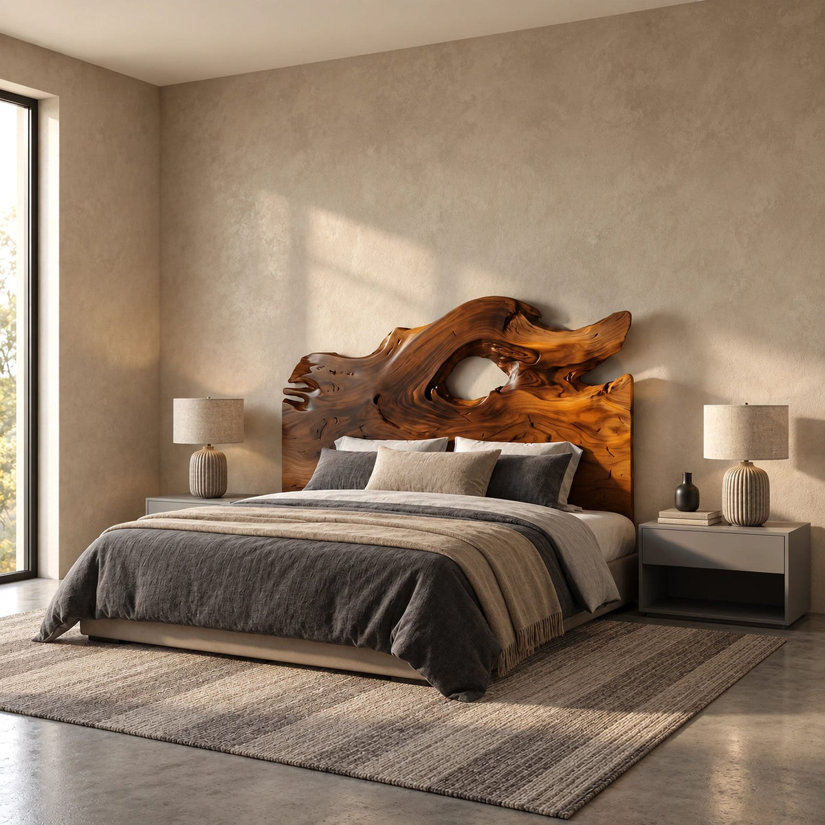 Organic Freeform Wooden Headboard With Driftwood Opening For Bedroom
