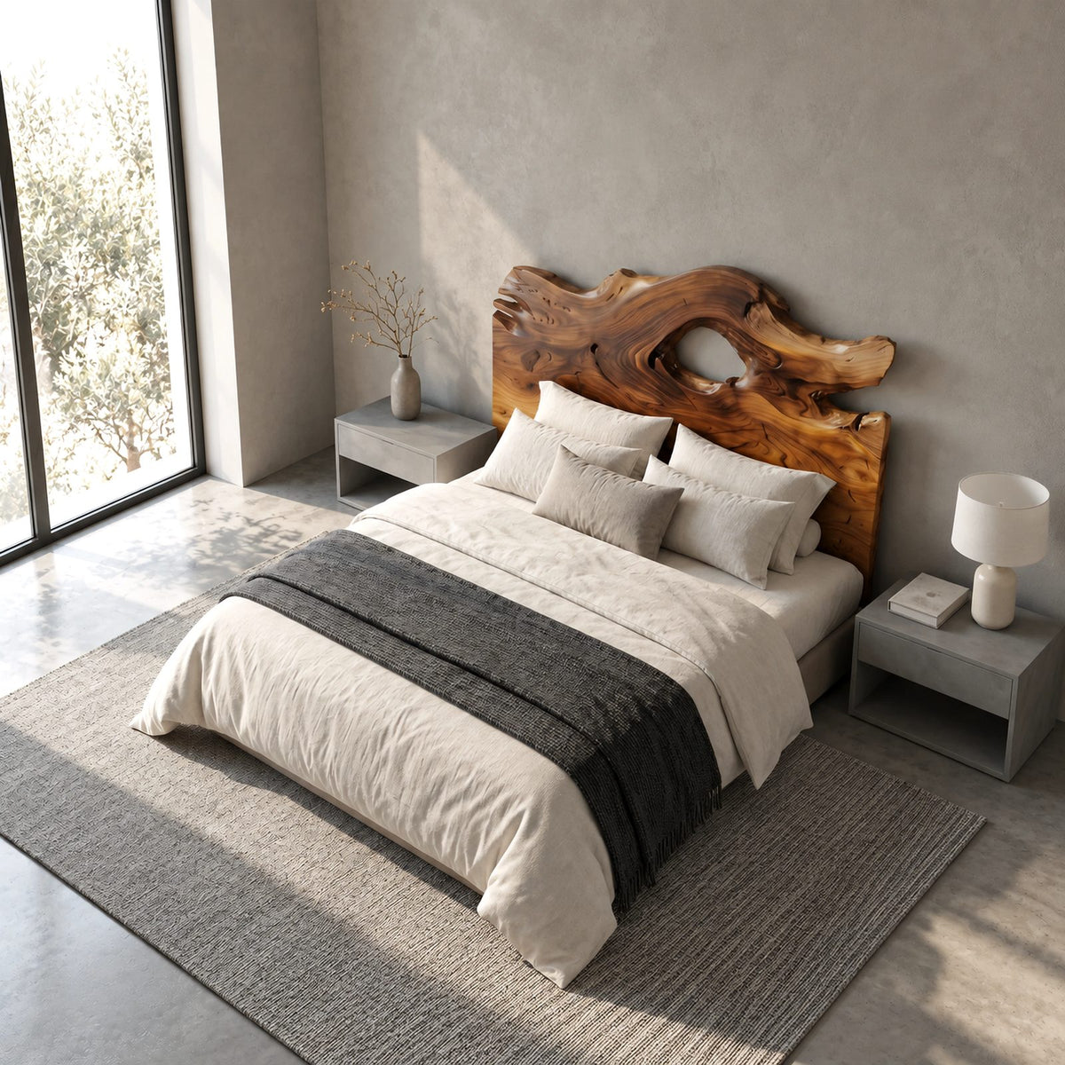 Organic Freeform Wooden Headboard With Driftwood Opening For Bedroom