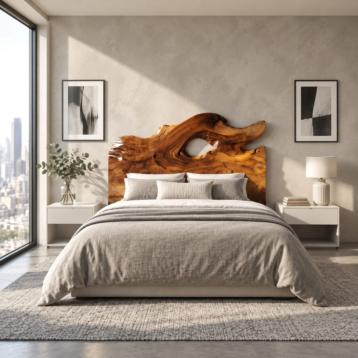 Organic Freeform Wooden Headboard With Driftwood Opening For Bedroom