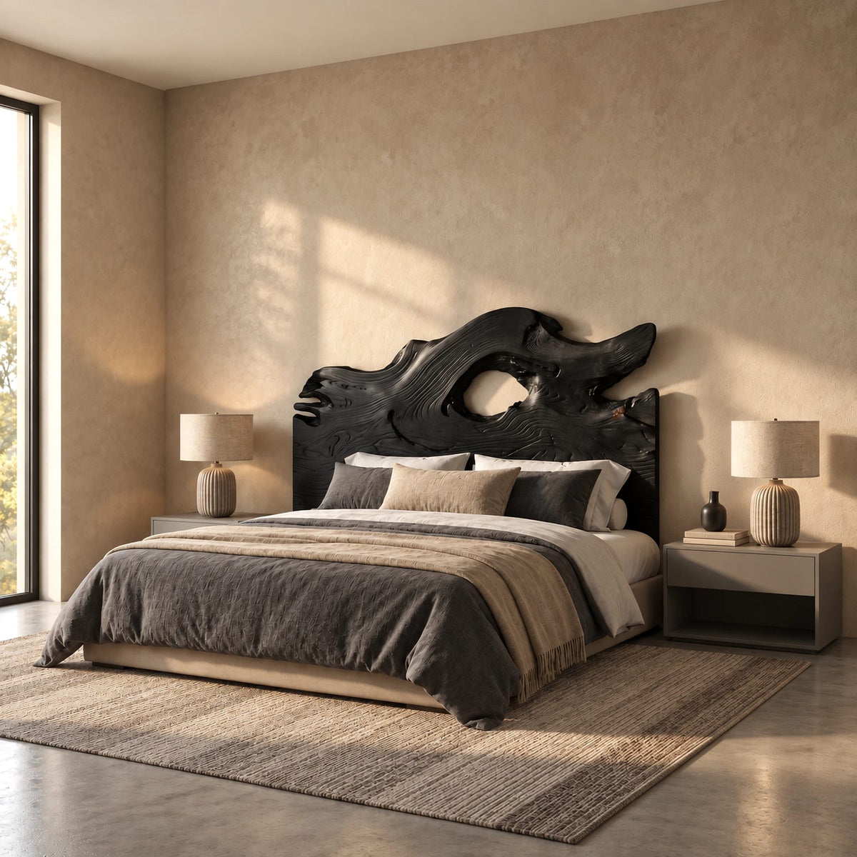 Organic Freeform Wooden Headboard With Driftwood Opening For Bedroom
