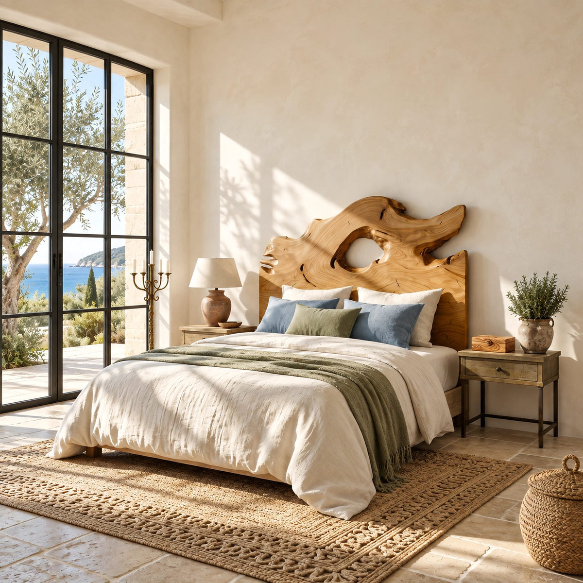 Organic Freeform Wooden Headboard With Driftwood Opening For Bedroom