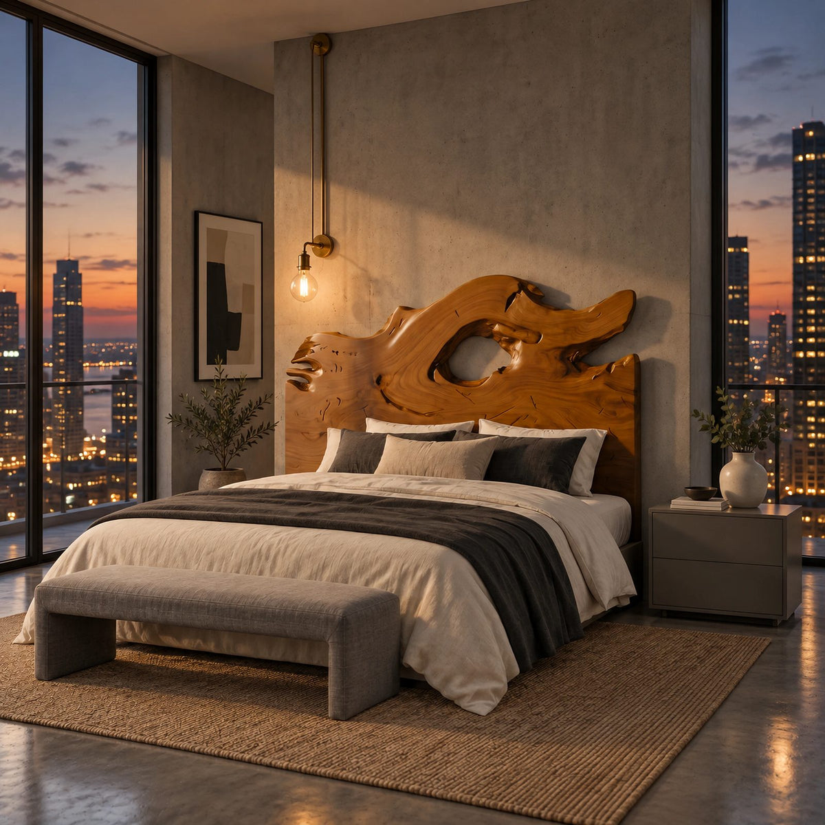 Organic Freeform Wooden Headboard With Driftwood Opening For Bedroom