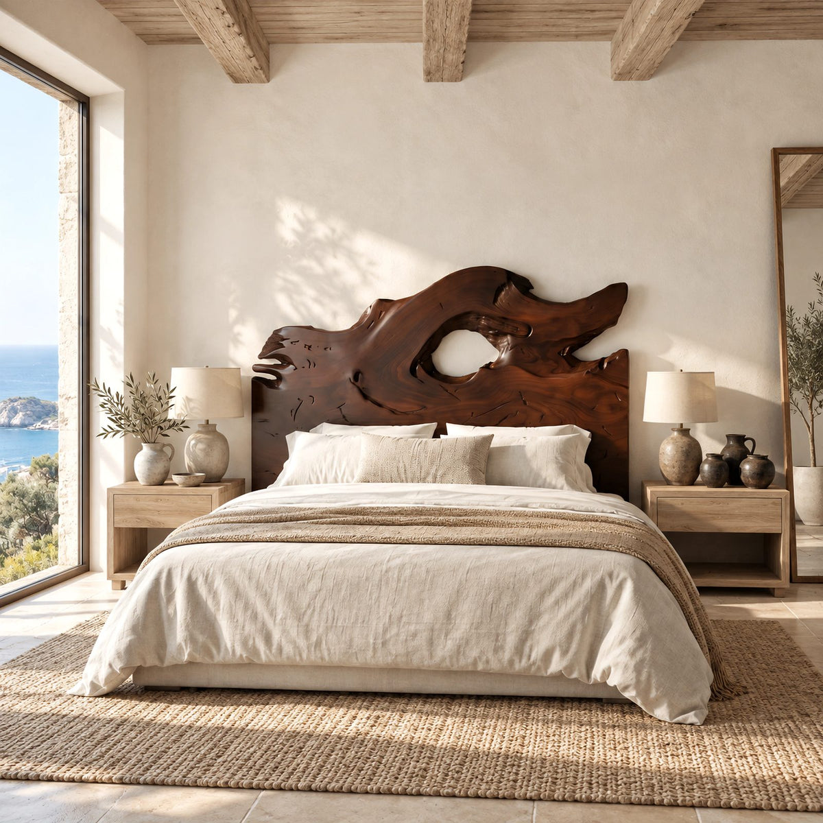 Organic Freeform Wooden Headboard With Driftwood Opening For Bedroom