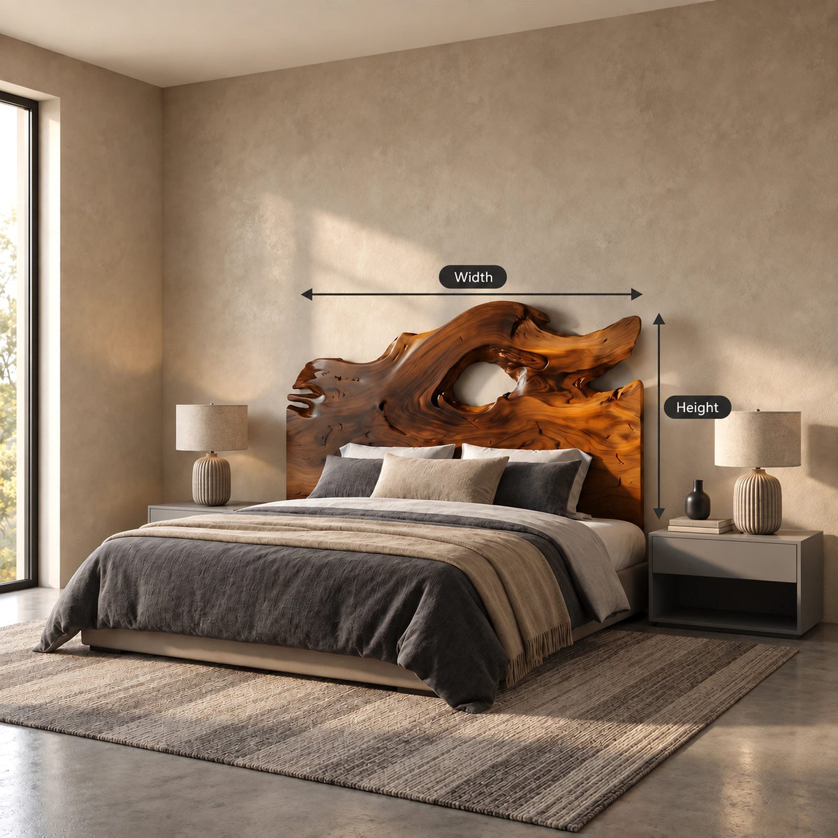Organic Freeform Wooden Headboard With Driftwood Opening For Bedroom