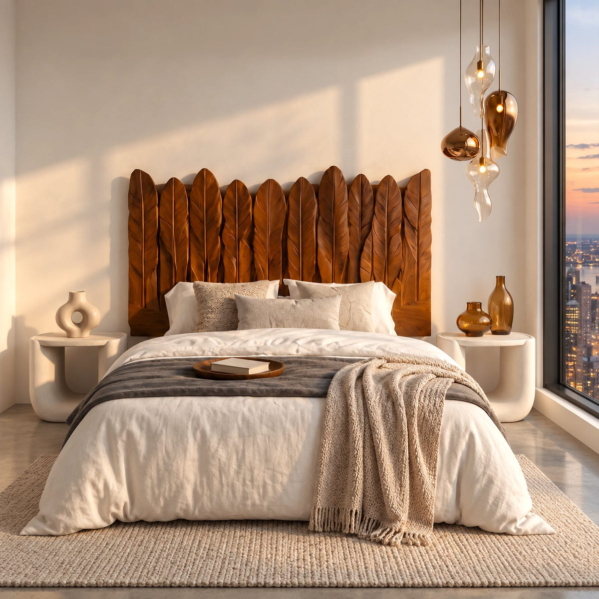 Rustic Hand Carved Wooden Headboard With Feather Plank Panels For Bedroom
