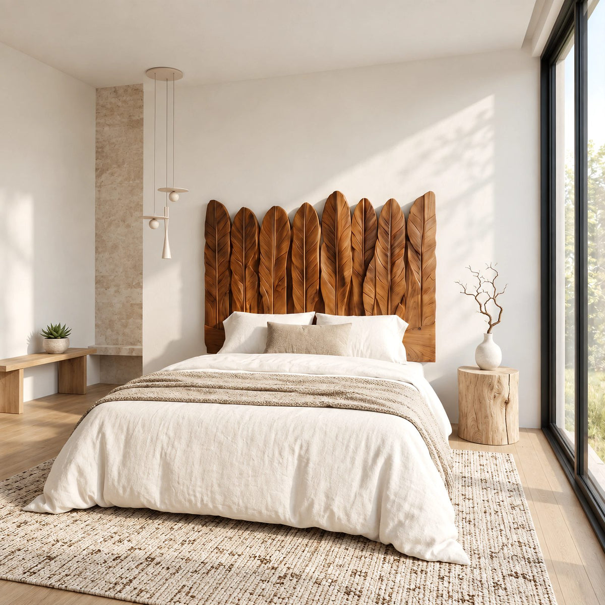 Rustic Hand Carved Wooden Headboard With Feather Plank Panels For Bedroom