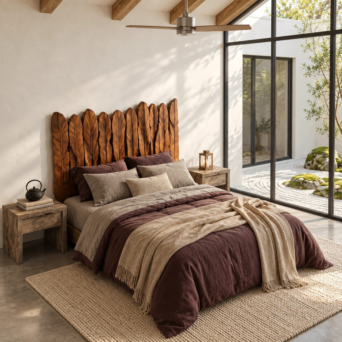Rustic Hand Carved Wooden Headboard With Feather Plank Panels For Bedroom