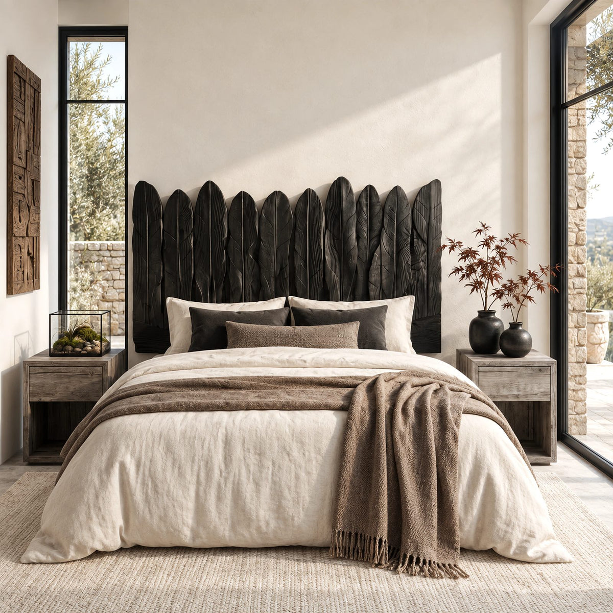 Rustic Hand Carved Wooden Headboard With Feather Plank Panels For Bedroom