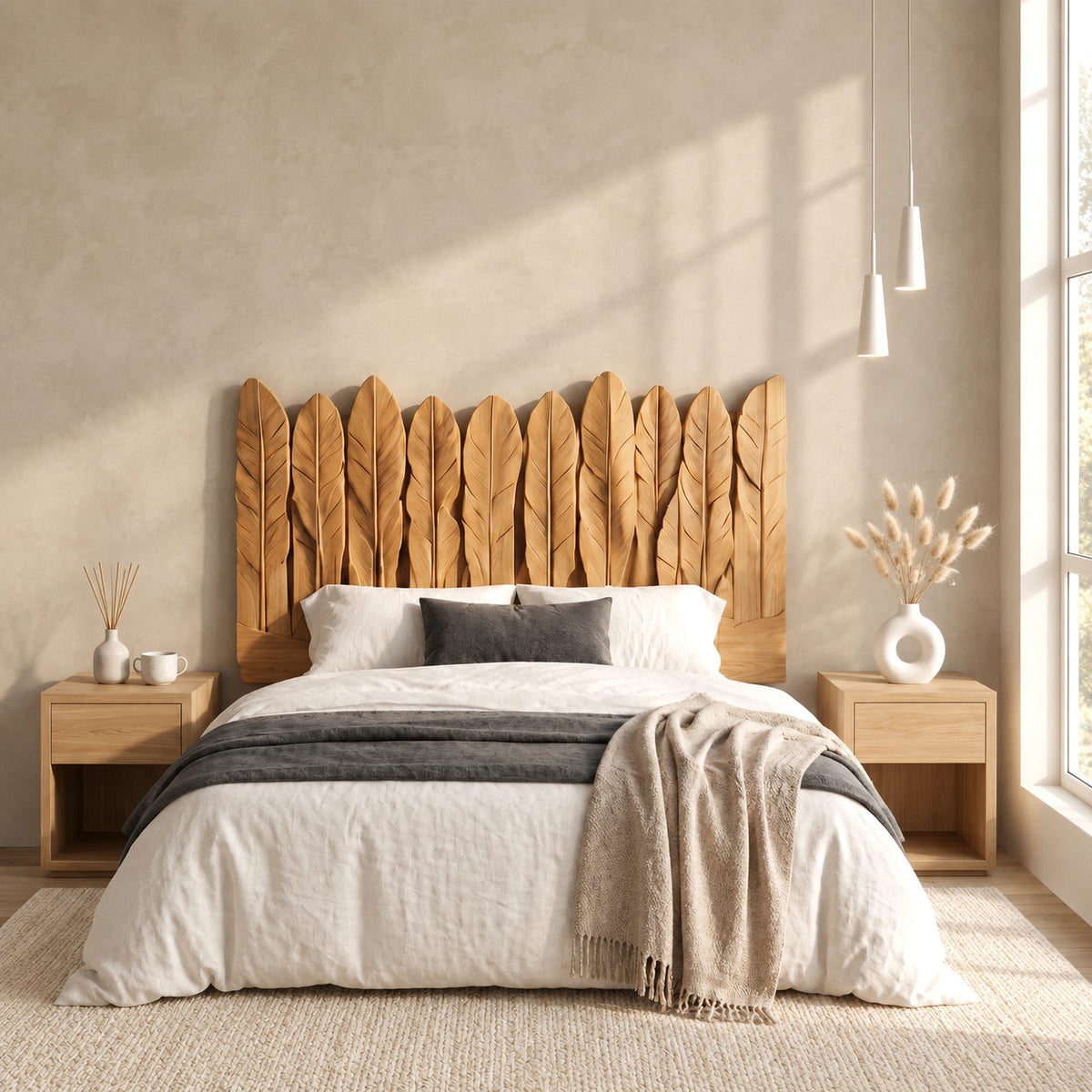 Rustic Hand Carved Wooden Headboard With Feather Plank Panels For Bedroom
