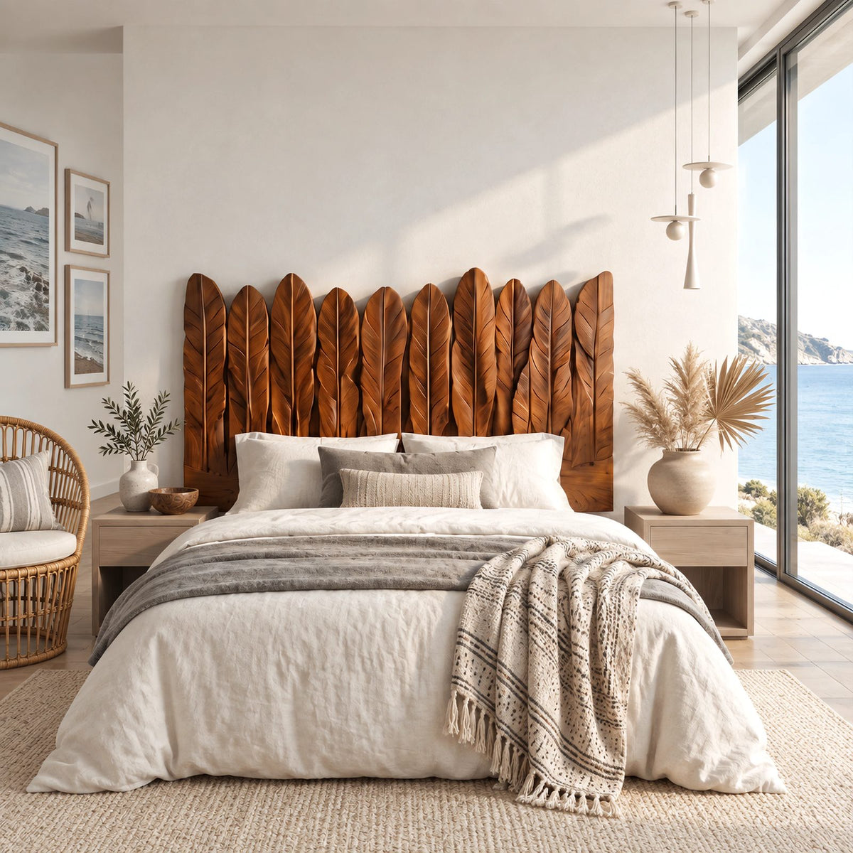 Rustic Hand Carved Wooden Headboard With Feather Plank Panels For Bedroom