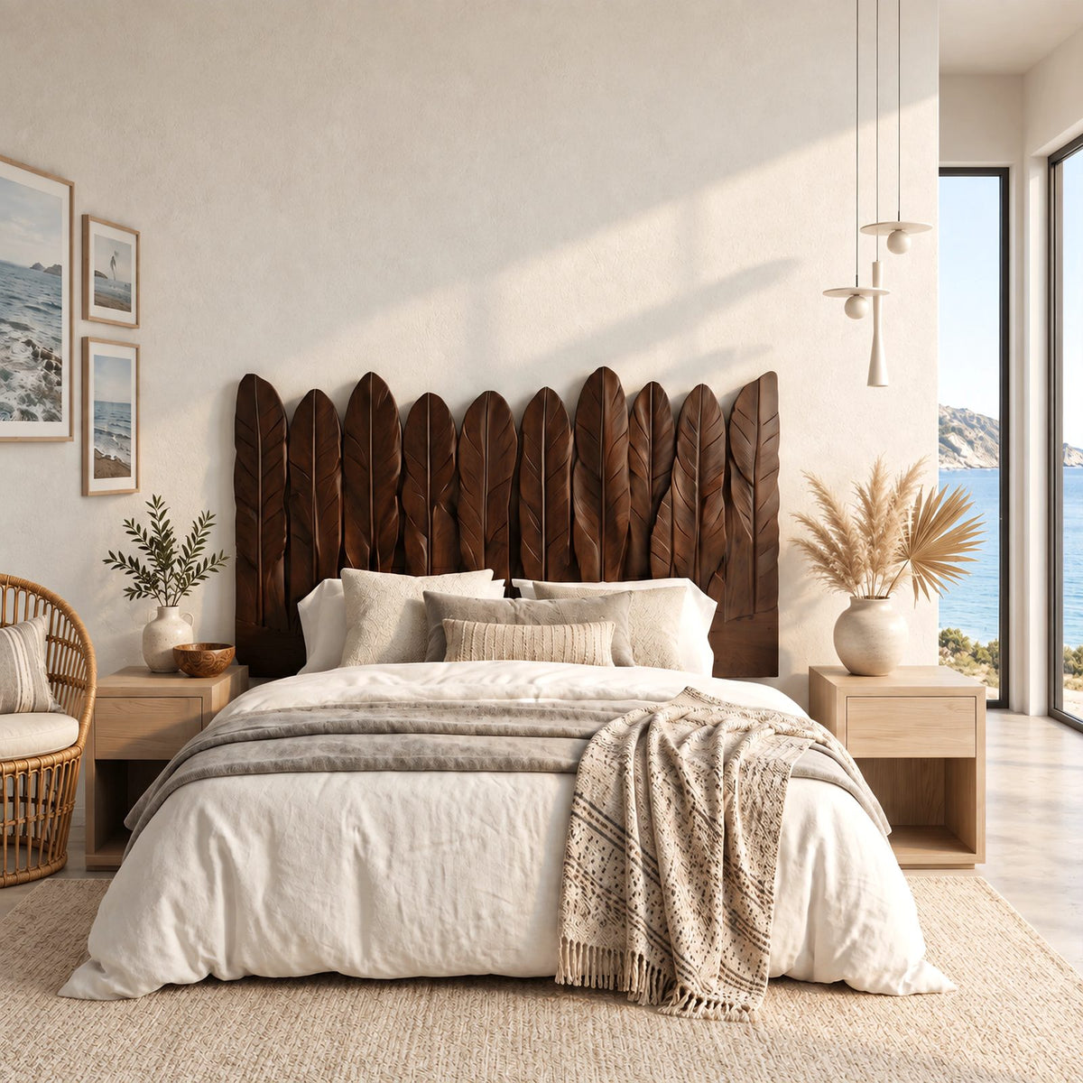 Rustic Hand Carved Wooden Headboard With Feather Plank Panels For Bedroom