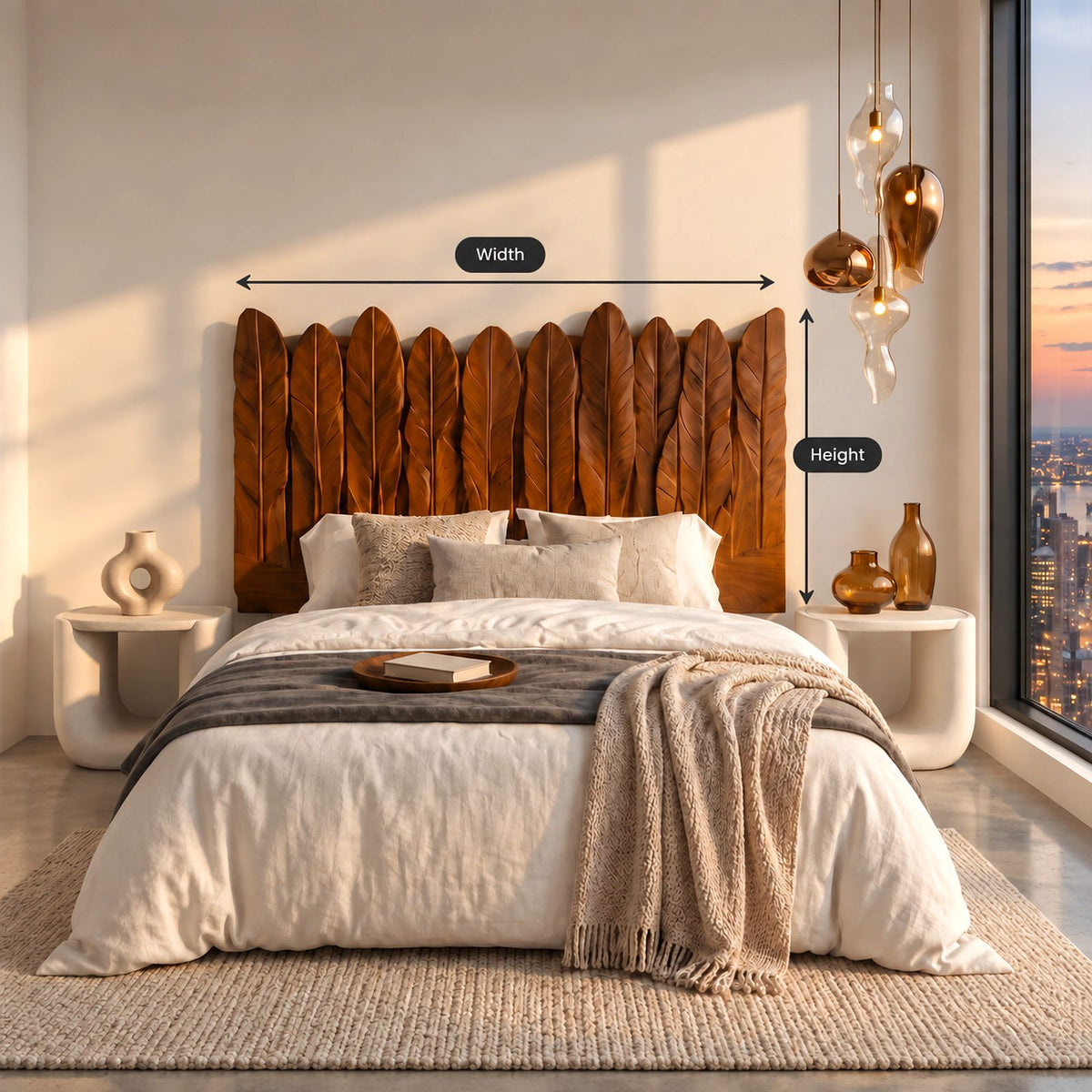 Rustic Hand Carved Wooden Headboard With Feather Plank Panels For Bedroom