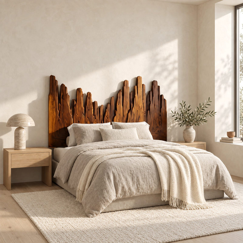 Handcrafted Skyline Wood Headboard With Rough Cut Plank Peaks For Bedroom