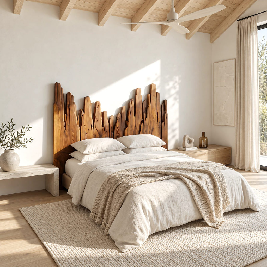 Handcrafted Skyline Wood Headboard With Rough Cut Plank Peaks For Bedroom