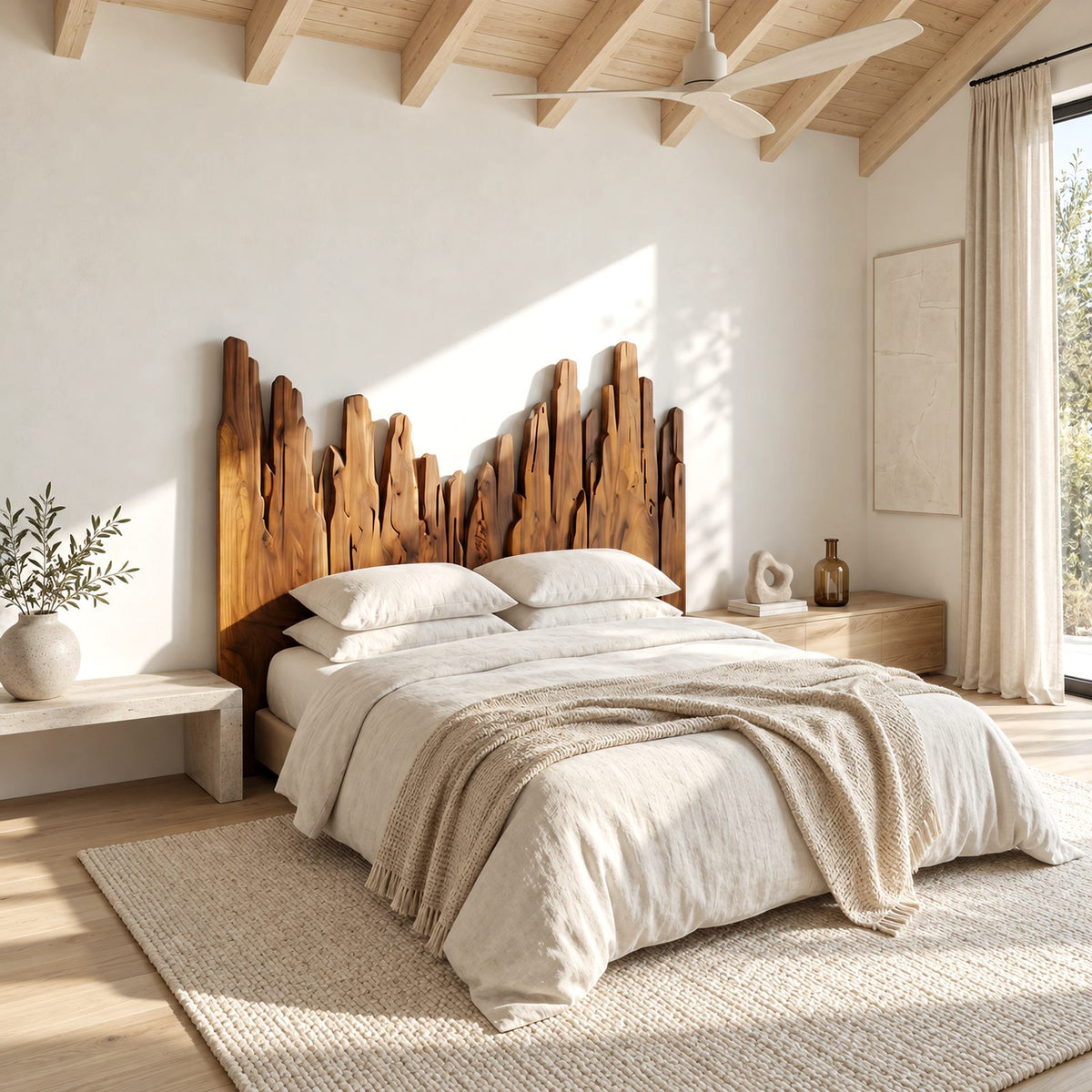 Handcrafted Skyline Wood Headboard With Rough Cut Plank Peaks For Bedroom