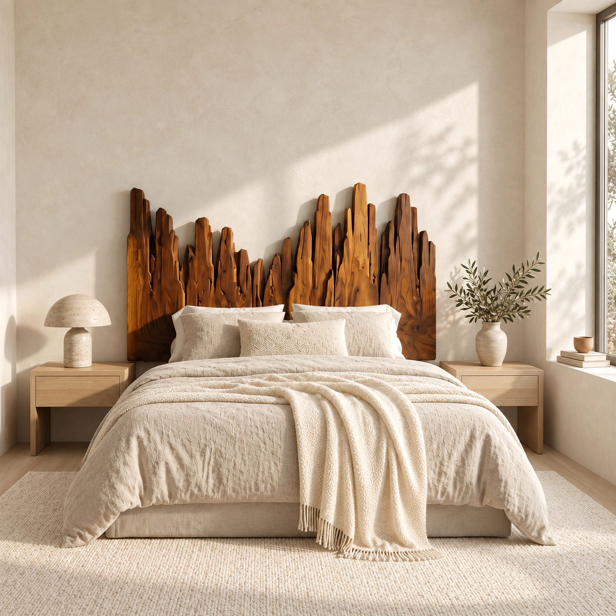 Handcrafted Skyline Wood Headboard With Rough Cut Plank Peaks For Bedroom