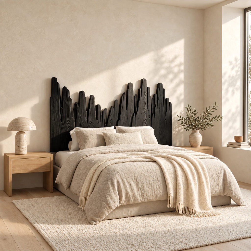 Handcrafted Skyline Wood Headboard With Rough Cut Plank Peaks For Bedroom