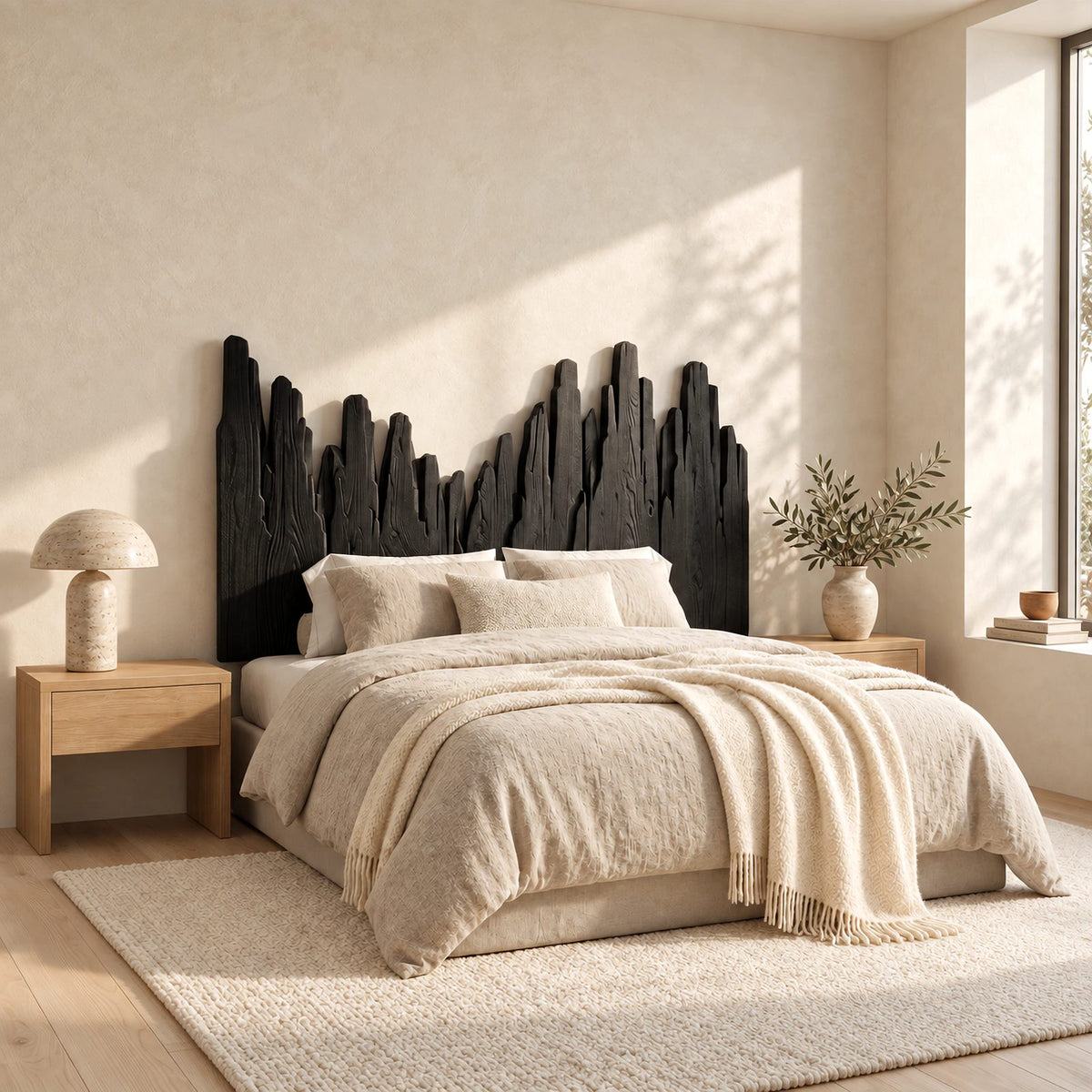Handcrafted Skyline Wood Headboard With Rough Cut Plank Peaks For Bedroom