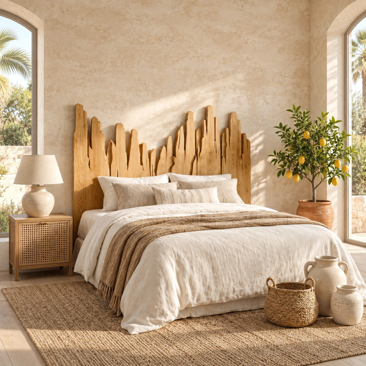 Handcrafted Skyline Wood Headboard With Rough Cut Plank Peaks For Bedroom