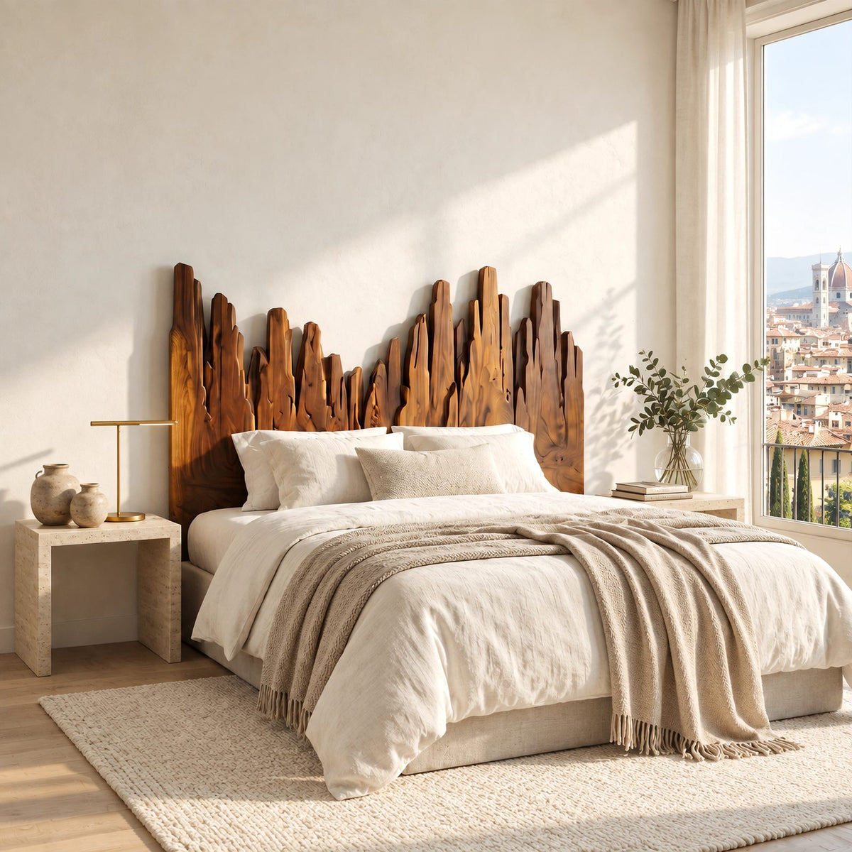 Handcrafted Skyline Wood Headboard With Rough Cut Plank Peaks For Bedroom