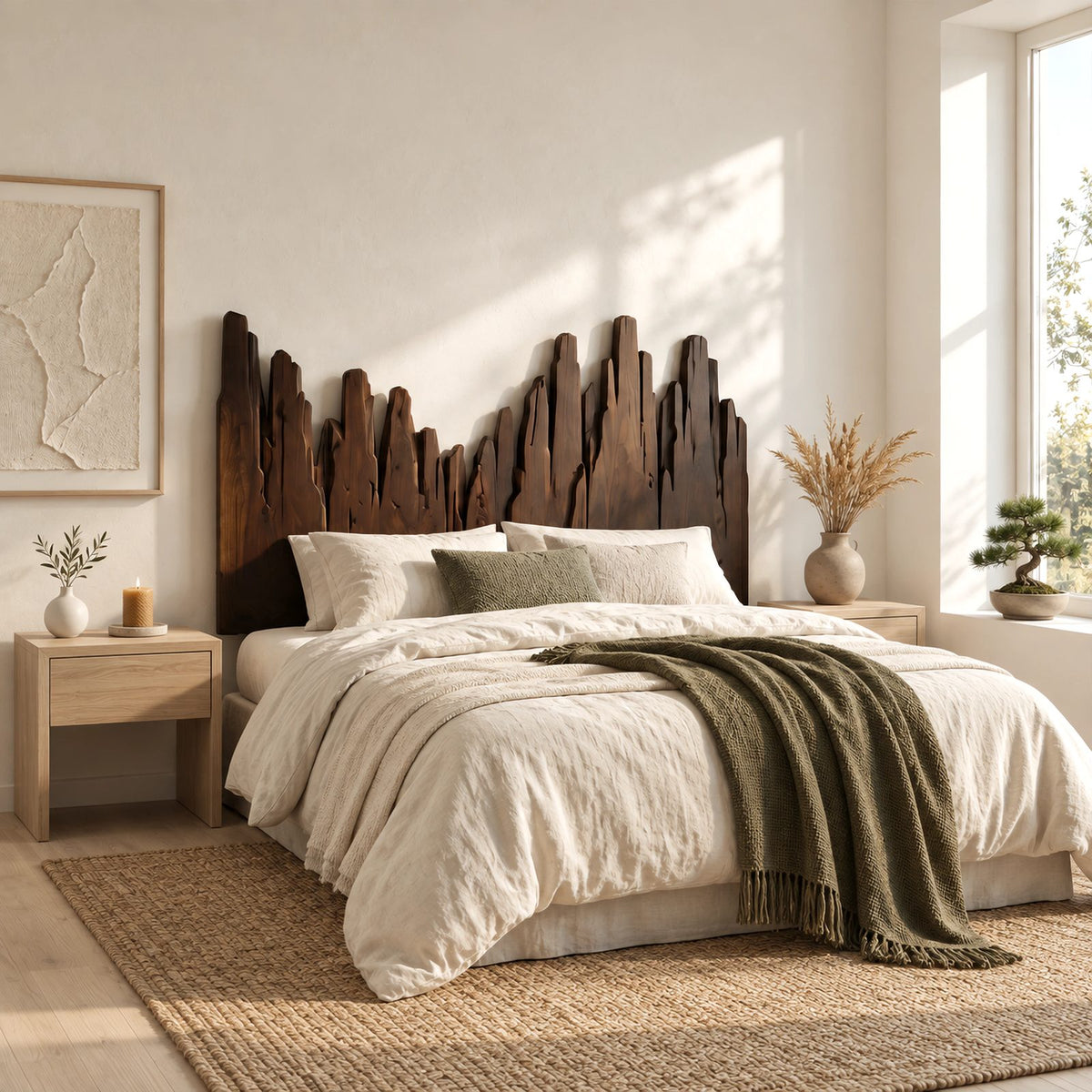 Handcrafted Skyline Wood Headboard With Rough Cut Plank Peaks For Bedroom
