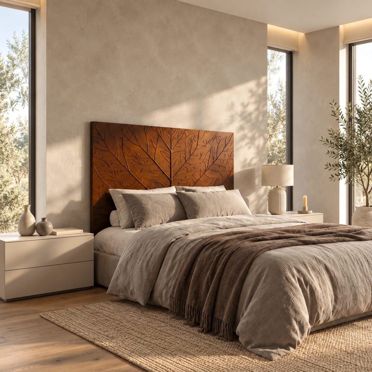 Modern Carved Solid Wood Headboard With Leaf Vein Relief For Bedroom