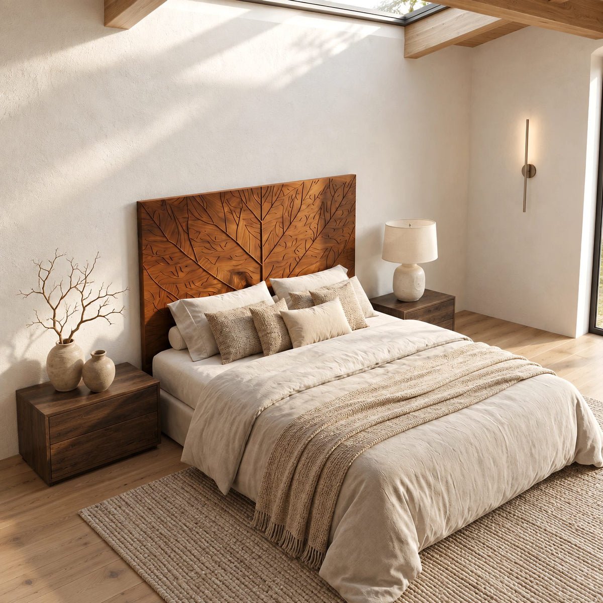 Modern Carved Solid Wood Headboard With Leaf Vein Relief For Bedroom