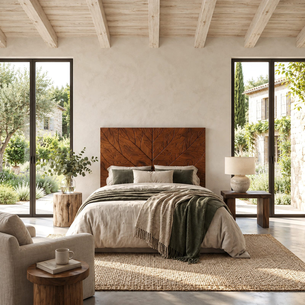 Modern Carved Solid Wood Headboard With Leaf Vein Relief For Bedroom