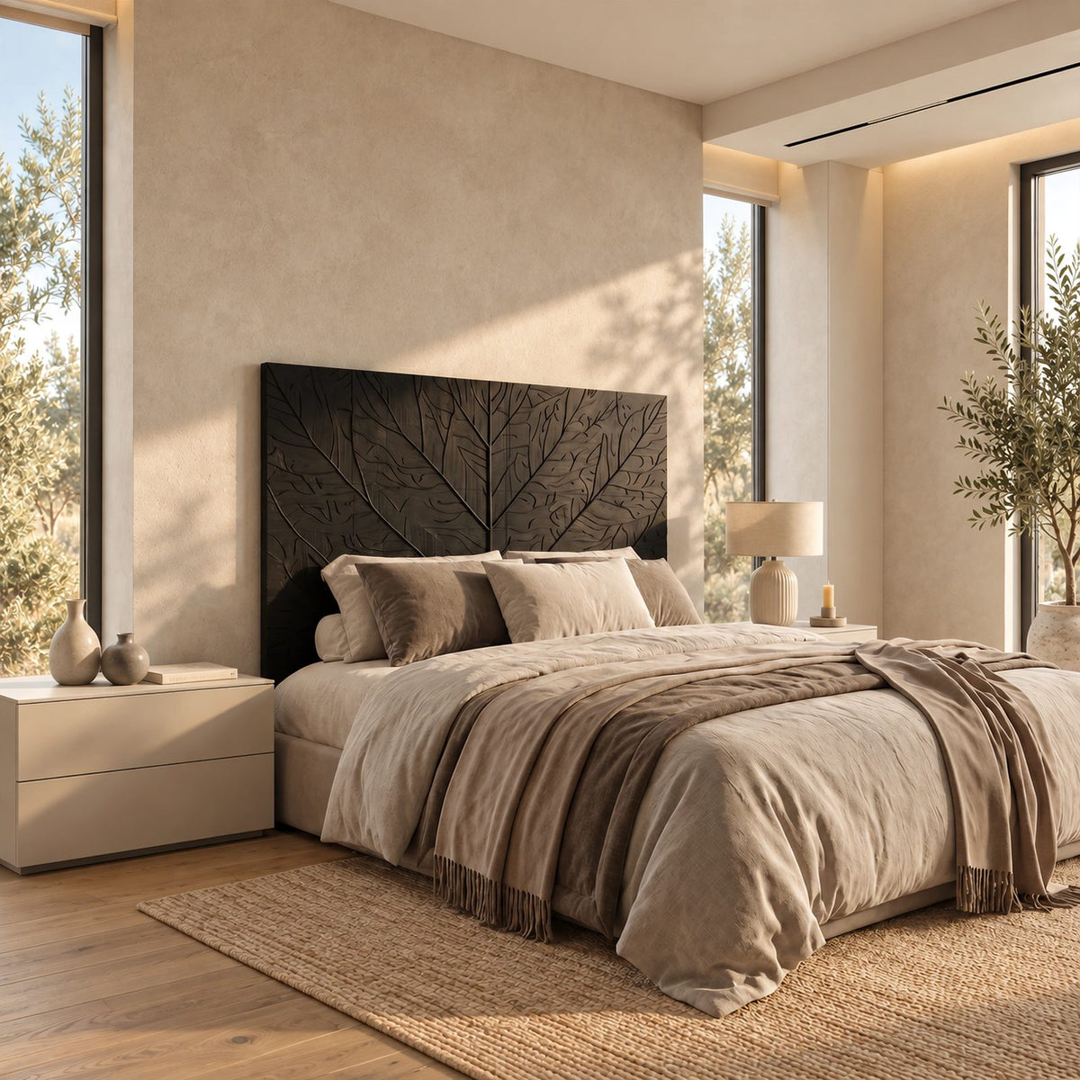 Modern Carved Solid Wood Headboard With Leaf Vein Relief For Bedroom