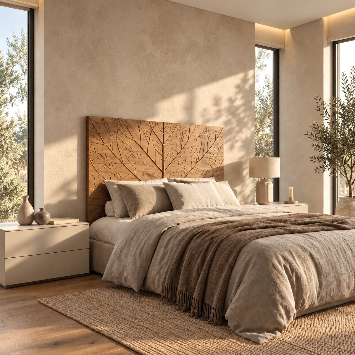 Modern Carved Solid Wood Headboard With Leaf Vein Relief For Bedroom
