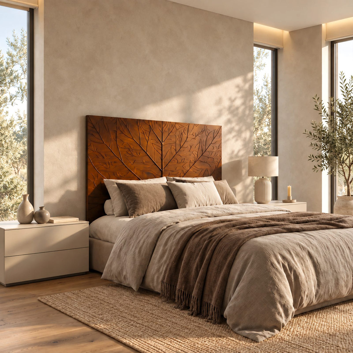 Modern Carved Solid Wood Headboard With Leaf Vein Relief For Bedroom
