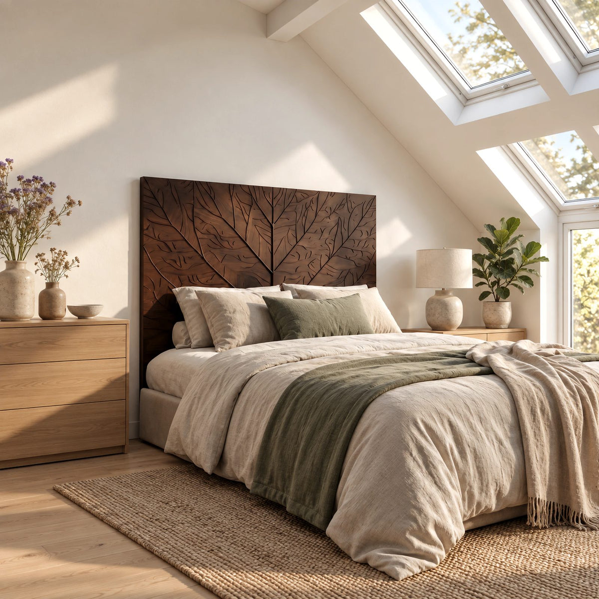 Modern Carved Solid Wood Headboard With Leaf Vein Relief For Bedroom