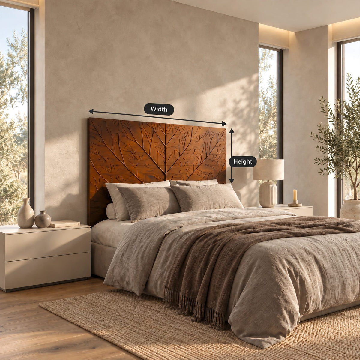 Modern Carved Solid Wood Headboard With Leaf Vein Relief For Bedroom