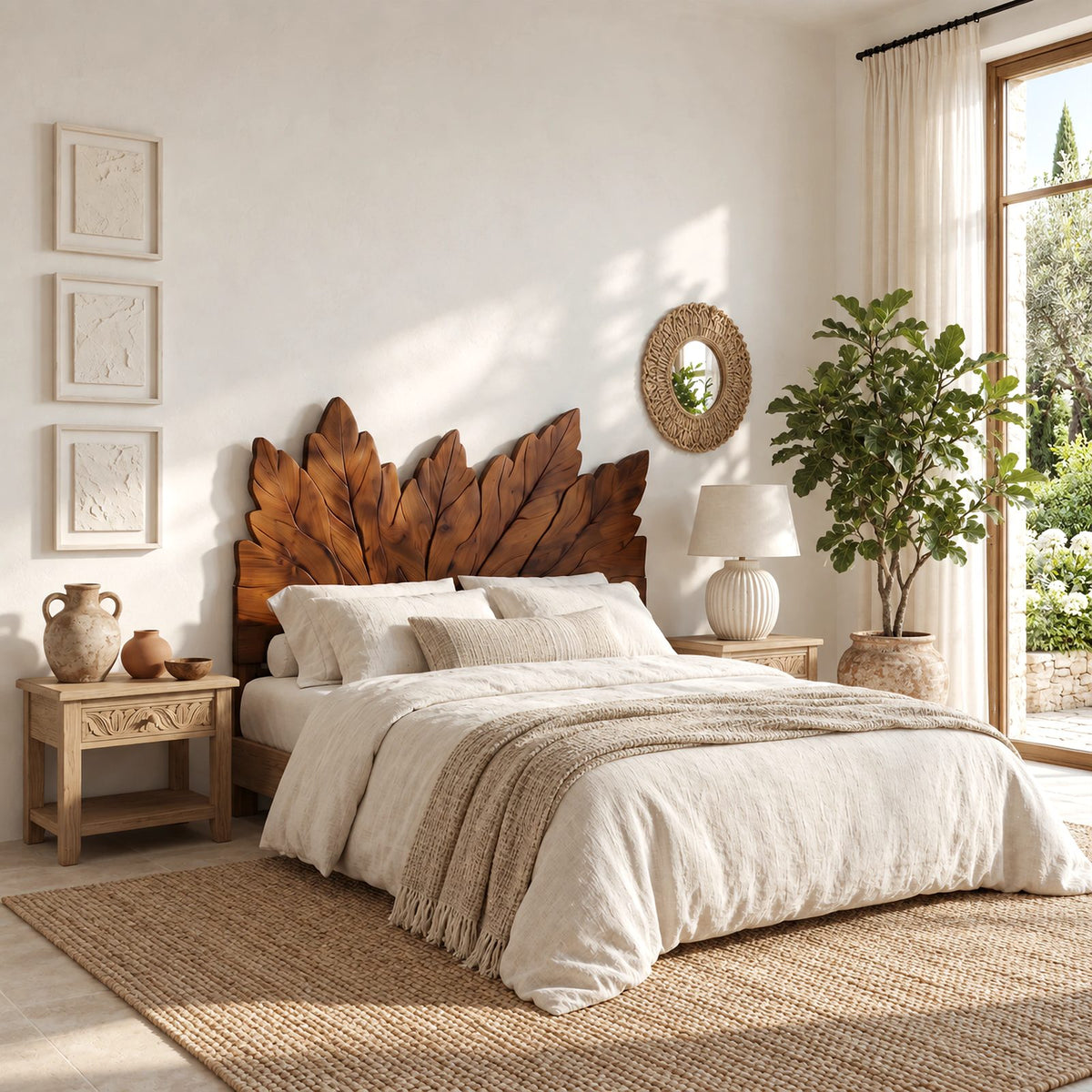 Bohemian Carved Wooden Headboard With Leaf Crest Top For Bedroom