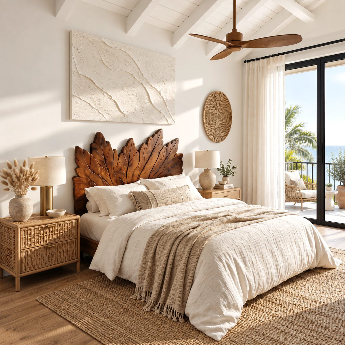 Bohemian Carved Wooden Headboard With Leaf Crest Top For Bedroom