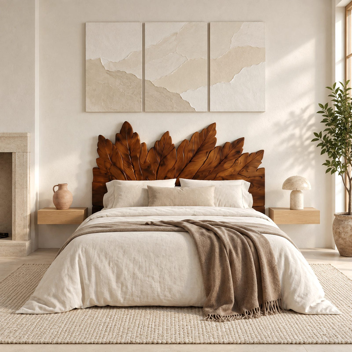 Bohemian Carved Wooden Headboard With Leaf Crest Top For Bedroom