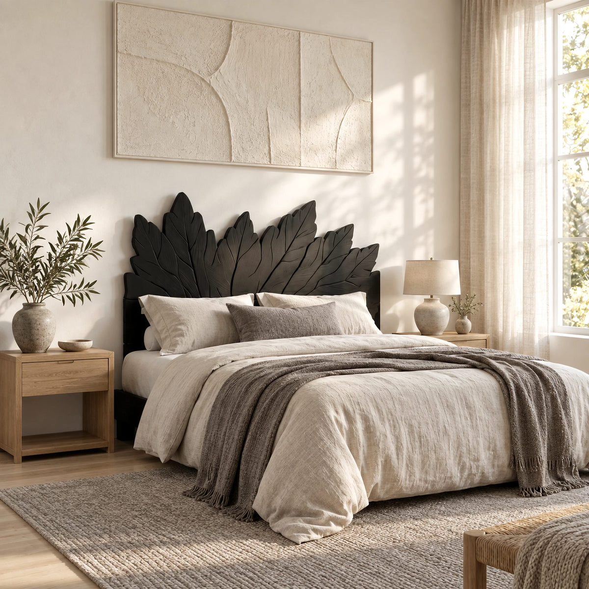 Bohemian Carved Wooden Headboard With Leaf Crest Top For Bedroom